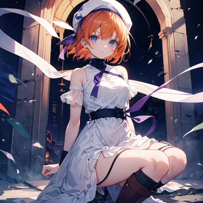 Orange hair,higurashi,Ryuguurena,turtle neck,White beret,slit,knee sox,Brown boots,Blue eyes,White dress,Long dress,Purple ribbon around the neck,short head hair,Blue wristband