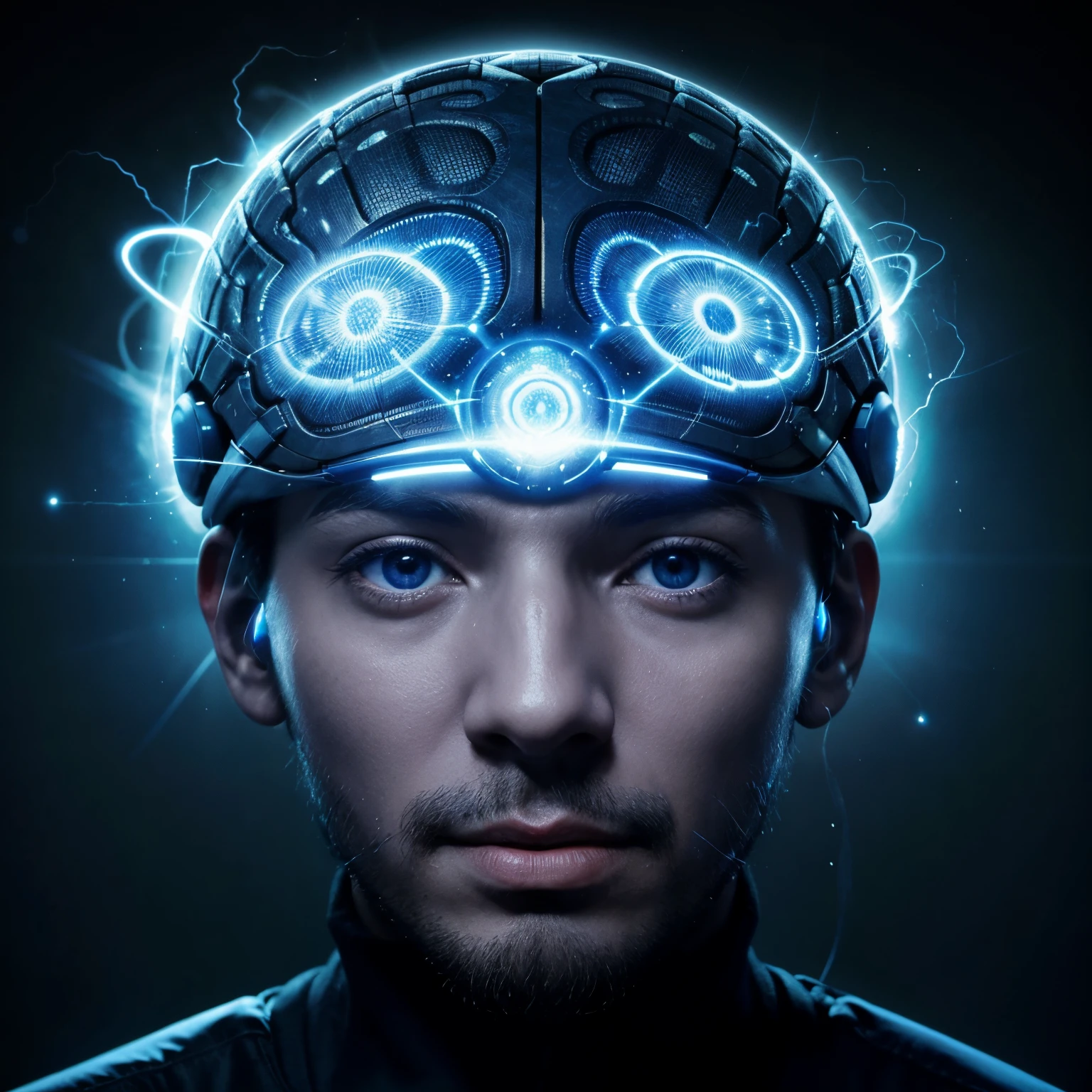 un primer plano de una cabeza humano, hombre, azul con un cerebro brillante, Electronic brain, cerebro azul, Nootropic Stimulant, neurociencia, Interfaz cerebral, Electric brainstorming, consciousness projection, neural, Cabeza brillante detallada, esclarecedor, Circuitos visibles en la cabeza, cerebro visible, inteligencia, cerebro conectado a la computadora, Idea genial, sesos, emanando con aura azul, Cerebro humano