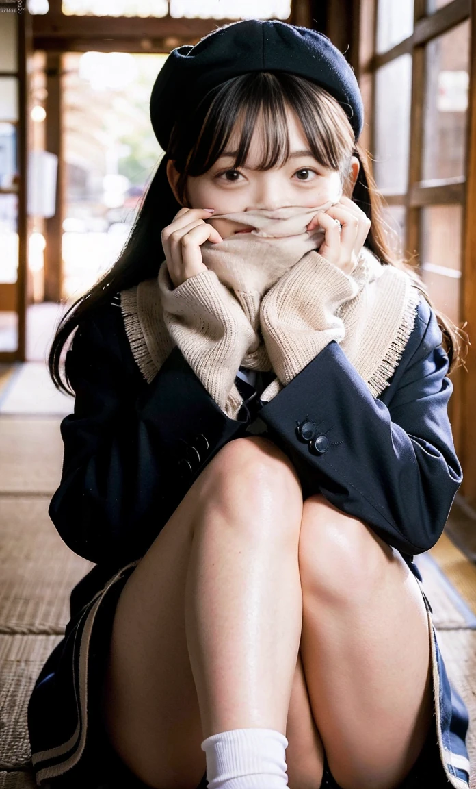 ulzzang -6500-v1.1, (Raw foto:1.2), (Photorealsitic:1.4), a beautiful detailed girl, extremely detailed eye and face, beatiful detailed eyes, Ridiculous, unbelievable Ridiculous, huge filesize, ultra-detailliert, hight resolution, ighly detailed, top-quality, masterpiece, Kemomimi, ((bury your face in your scarf)), (((Japan schoolgirl uniform))), illustratio, ighly detailed, nffsw, unification, 8k wallpaper, astonishing, finely detail, masterpiece, top-quality, Highly detailed ticker uniform 8K wallpaper, face lights、Cinematographic lighting、1girl in、sixteen years old、(witheout panties)、((dynamicposes)))、(camel's toe)、(half)、(Crooked knees and legs sitting))