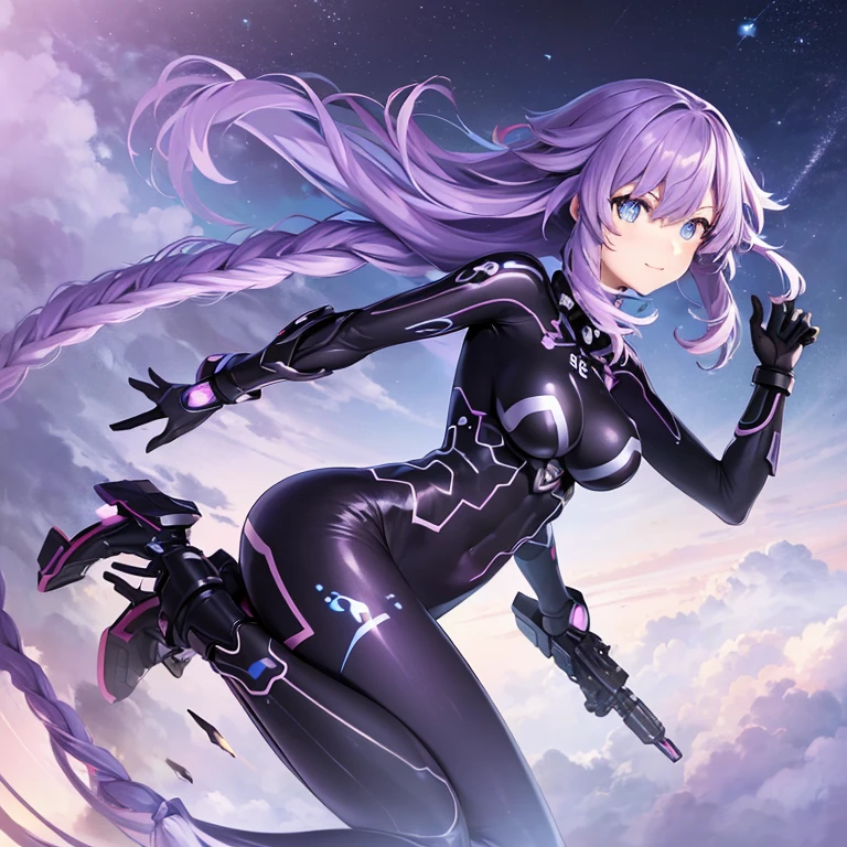 ((masutepiece, Highest Quality)),body suit，leotard，highleg， Detailed face, Beautiful face， full body Esbian, full of details, Highly detailed, Depth, beautiful girl with purple hair，Disheveled hair，Long purple hair，morbid，white pupil，legs are very thin，legs are long, ​masterpiece, 1girl in ((20yr old, futuristic mech armor, medium breasts,   Flirting sci-fi battlefield, from behind, Bat Cup, Looking back, hawken, Smile, Open mouth, Long hair,, Sparkling eyes, Cute face, kawaii, Large breasts, Delicate hair, disheveled hair, (((floating))、Blue sky, white clouds), Shiny hair, Shiny skin, （Futuristic and energetic atmosphere), ((during night)) ((Low camera angle, Ground View)) Tall and tall，Thin, 8K, ultla realistic, offcial art,