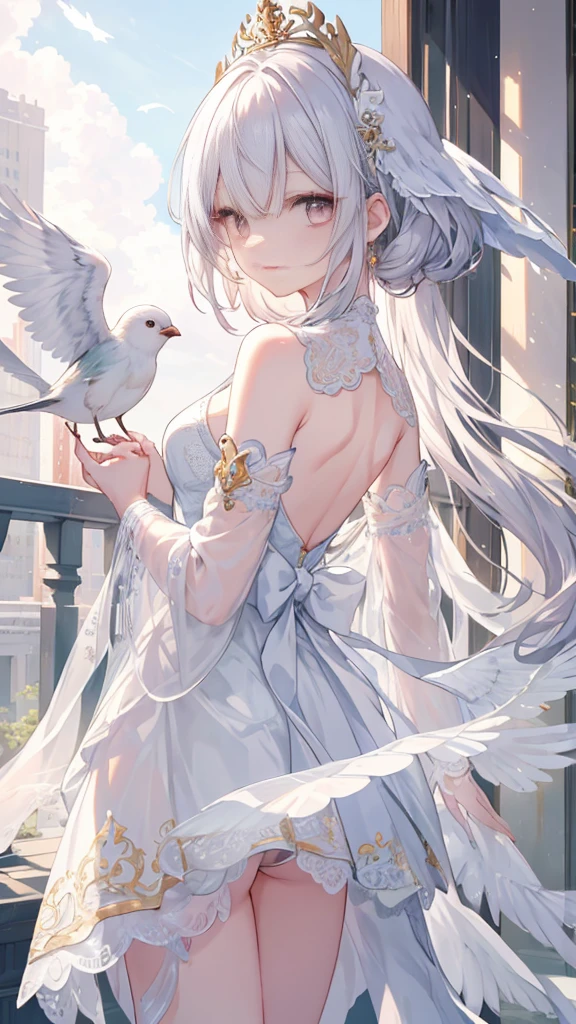 masutepiece、Good anatomy、(The needle is accurate)、(extremely delicate and beautiful:1.2)、
8K、
(masterpiece:1.0)、
(best_quality:1.0)、Good anatomy、
女の子1人、from the rear、
Intricate details、Enlarged texture、
intricate-detail、warm eyes and a delicate face、
intricate detailes、white hair、A slight smil、
perfect eyes、Equal eyes、goddes、(Staring Bird and Girl)
perfectbody、ighly detailed、Wearing a beautiful dress、jewely、(A cute little bird rides on a beautiful fingertip)、The needle is accurate、Detailed fingertips、balconies、soft morning light