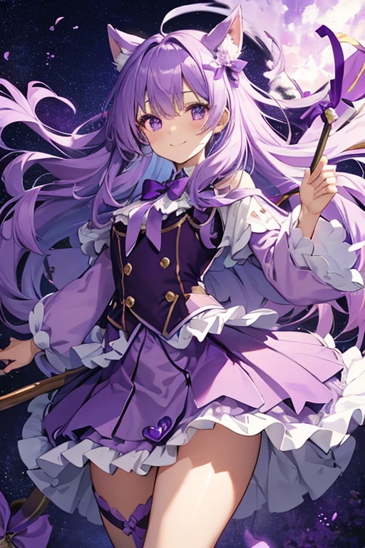 cute purple magical girl，Fluffy long hair，pale purple hair，Purple heart ribbon on the chest，purple heart shaped stick，kirakira，Flying in the sky，(Fluffy skirt:1.2)，fluffy panniers，many purple petals，a smile