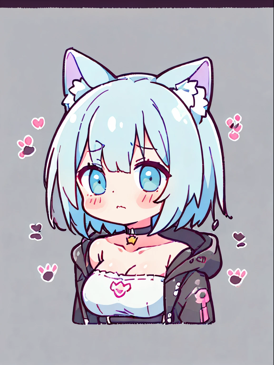 1girl, :3, animal_ears, bangs, black_background, black_jacket, blush, cat, cat_ears, choker, cleavage, closed_mouth, collarbone, eyebrows_visible_through_hair, green_eyes, hair_between_eyes, jacket, letterboxed, looking_at_viewer, medium_breasts, sarashi, short_hair, silver_hair, solo, stuffed_animal, stuffed_toy, transparent_background, upper_body, virtual_youtuber, white_hair, wears techwear clothes, detailed, masterpiece,