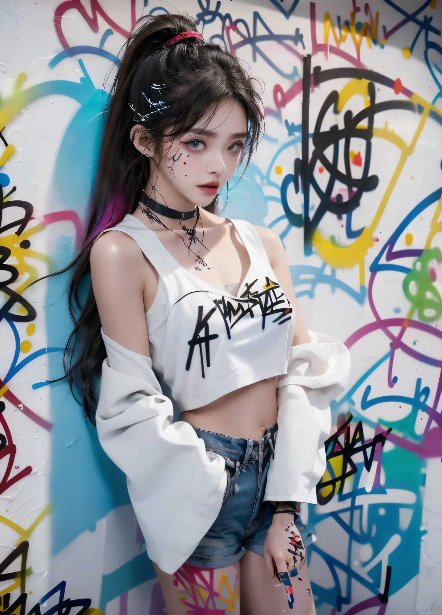 tmasterpiece， Best quality， 独奏， short crop top， denim short， choker necklace， （scribbles：1.5）， paint splatter， place one's arms behind one's back， against a wall， looking at viewert，（Hand holding spray paint：1.5） armlets， thigh band， Paint on the body， tilt of the head， having fun， Hair color， Water-colored eyes， Earphone，(graffiti wall:1.5)（Full body like；1.5）