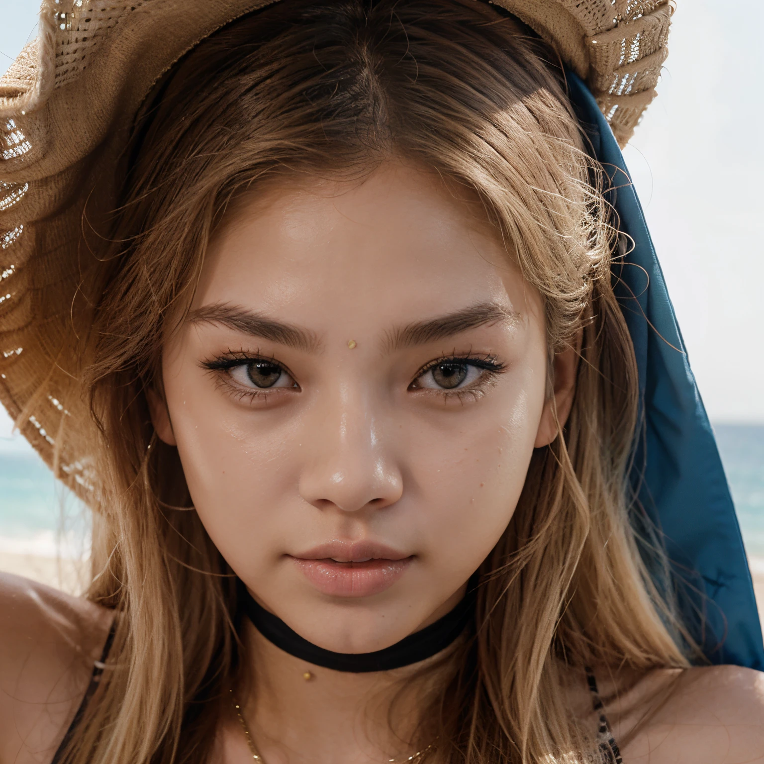 Jenna Ortega in a bikini at the beach, sunrise, Super 8mm, Low angle close up shot, bright color grading, depth of field cinematography effect, western movie style,high quality, ultra detail, 8k resolution,