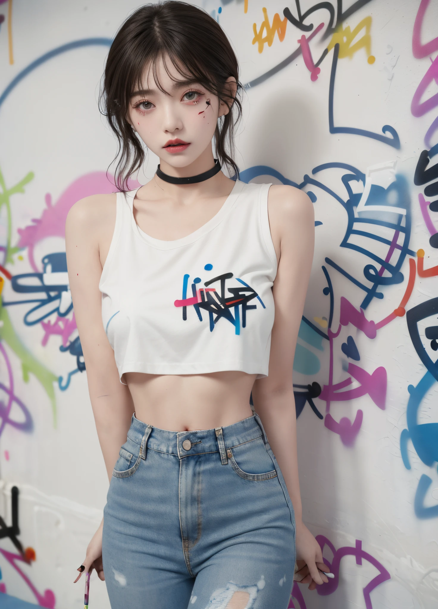 tmasterpiece, Best quality at best, 独奏, short crop top, denim short, choker necklace, (scribbles:1.5), paint splatter, place one's arms behind one's back, against a wall, looking at viewert,(Hand holding spray paint:1.5) armlets, thigh band, Paint on the body, tilt of the head, having fun, Hair color, Water-colored eyes, Earphone,(graffiti wall:1.5)(Full body like;1.5)