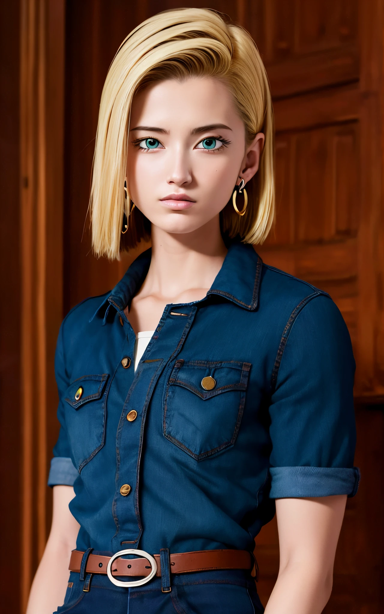 (masterpiece, best quality), realistic version of android18, earrings, denim, belt upper body, focus face, perfect face, Emily Rudd.