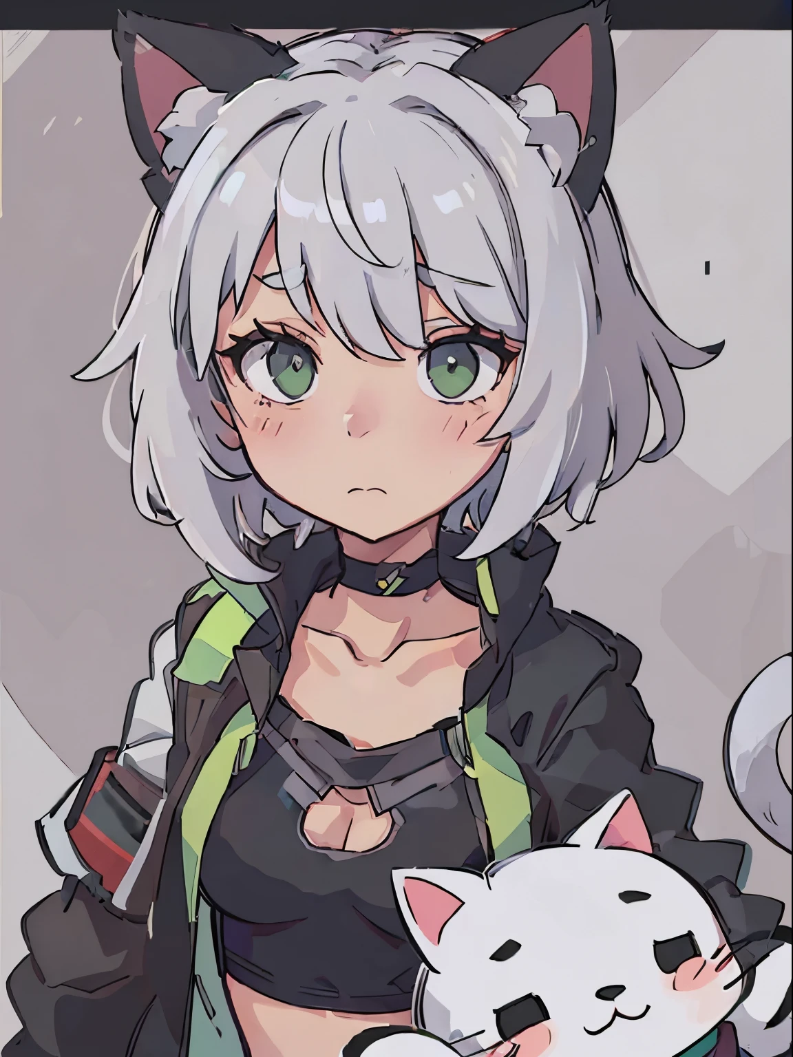 1girl, :3, animal_ears, bangs, black_background, black_jacket, blush, cat, cat_ears, choker, cleavage, closed_mouth, collarbone, eyebrows_visible_through_hair, green_eyes, hair_between_eyes, jacket, letterboxed, looking_at_viewer, medium_breasts, sarashi, short_hair, silver_hair, solo, stuffed_animal, stuffed_toy, transparent_background, upper_body, virtual_youtuber, white_hair, wears techwear clothes, detailed, masterpiece,