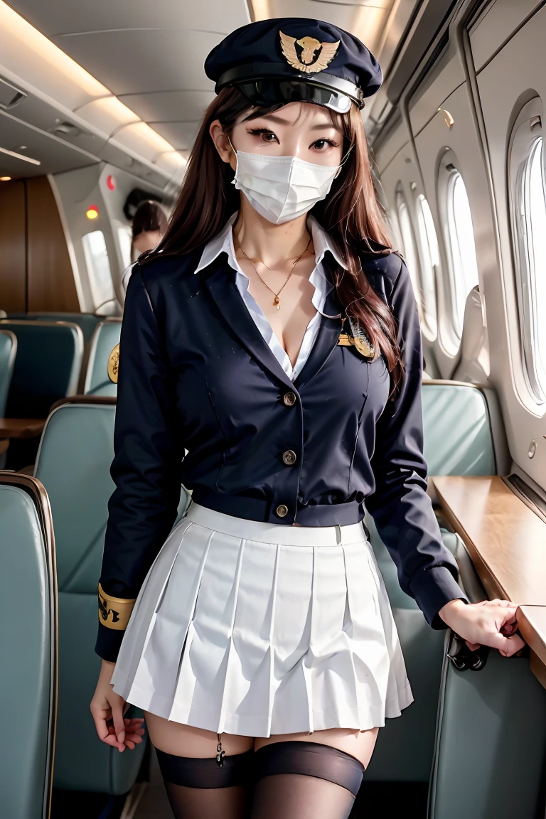 masterpiece, high-detail, the most erotic airline stewardess in the world, (UHD, 8K wallpaper, High resolution), Cinematic lighting, physically-based rendering, award-winning, extremely detailed skin, extra detailed face, high detail eyes, Carl Zeiss 85 mm F/1.4, by Ellen von Unwerth, asian, covid mask, age 26, long dark red hair, medium boobs, camel toe, legs open, stockings, covid mask, (pvc covid mask), (red biohazard symbol on either side of covid mask), (air hostess hat), short pleated skirt, legs open, white panties slightly visible under pleated skirt, spiked collar, (spiked dog collar)