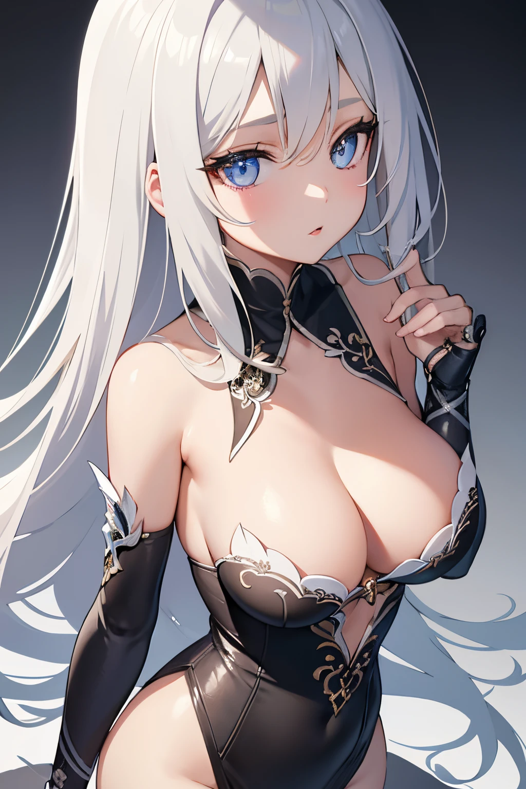 1girl, anime, cute girl, blank background, white background, fantasy, detailed dark fantasy dress with highlights, beautiful face, beautiful eyes, dark colors, silver hair, medium breasts, slight cleavage, beautiful skin, cute, breast curtains, extremely delicate and beautiful, (beautiful detailed face:1.0), (detailed deep eyes), symmetrical breasts, deep eyes, shiny skin, portrait, slender waist, hips wider than shoulders, thighs, young girl, expressionless