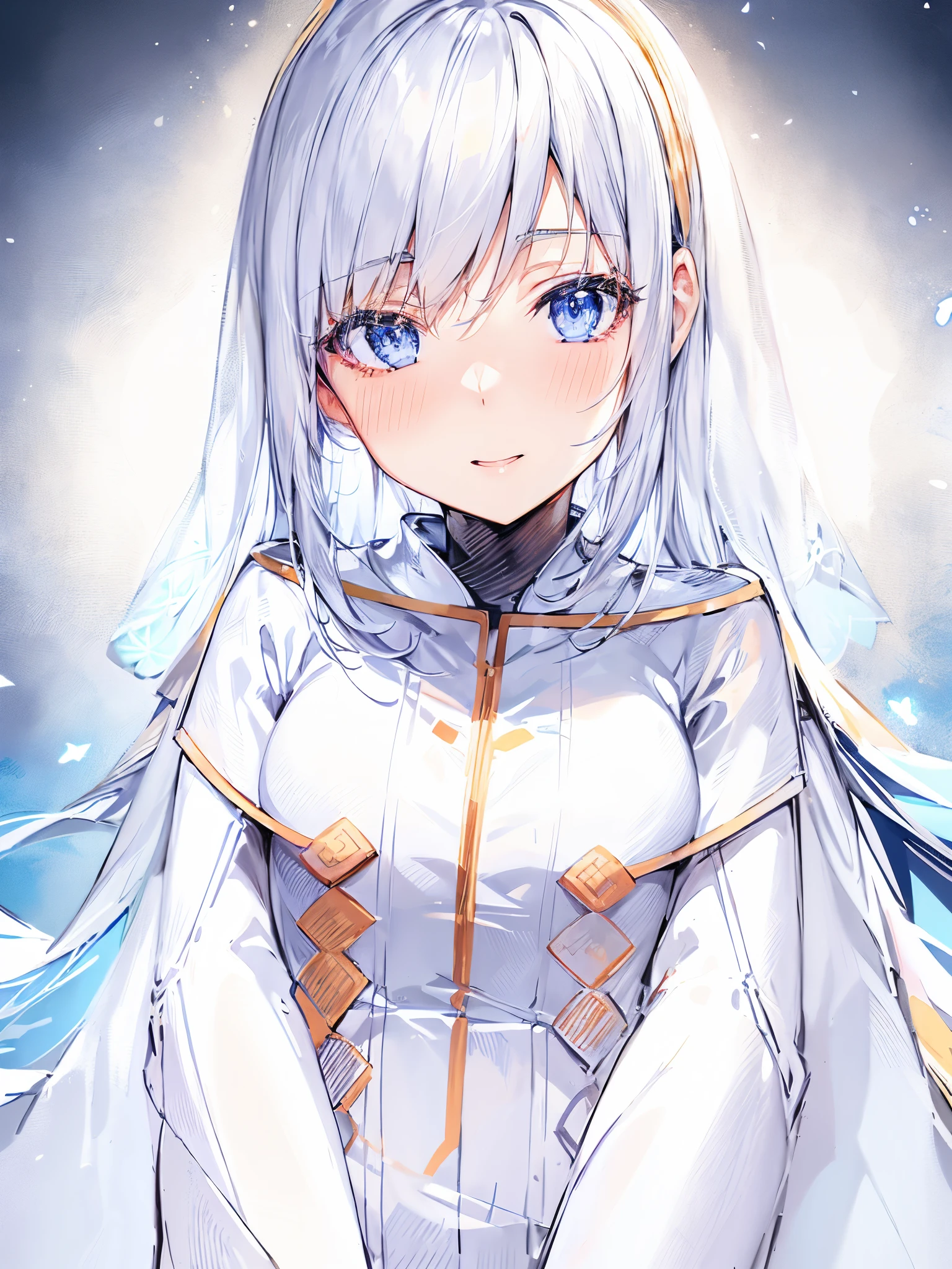 anime girl with long white hair and blue eyes in white outfit and laughing, white haired deity, zerochan art, perfect white haired girl, portrait knights of zodiac girl, warm and gentle smile, white haired, girl with white hair, silver hair girl, white-haired, ashe, digital art on pixiv, white haired lady, beautiful anime portrait, best anime 4k konachan wallpaper