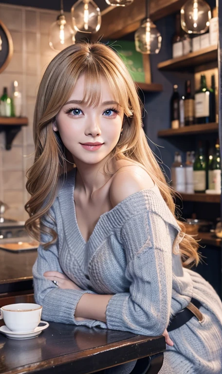 Best Quality、Raw photo、profetional lighting、Top image quality、masterpiece、Live-action depiction、Top quality backdrop professional lighting、Russian、a blond、the eyes are blue、Smiling a little、Hairstyle Long、grey sweater、The background is a pub、
