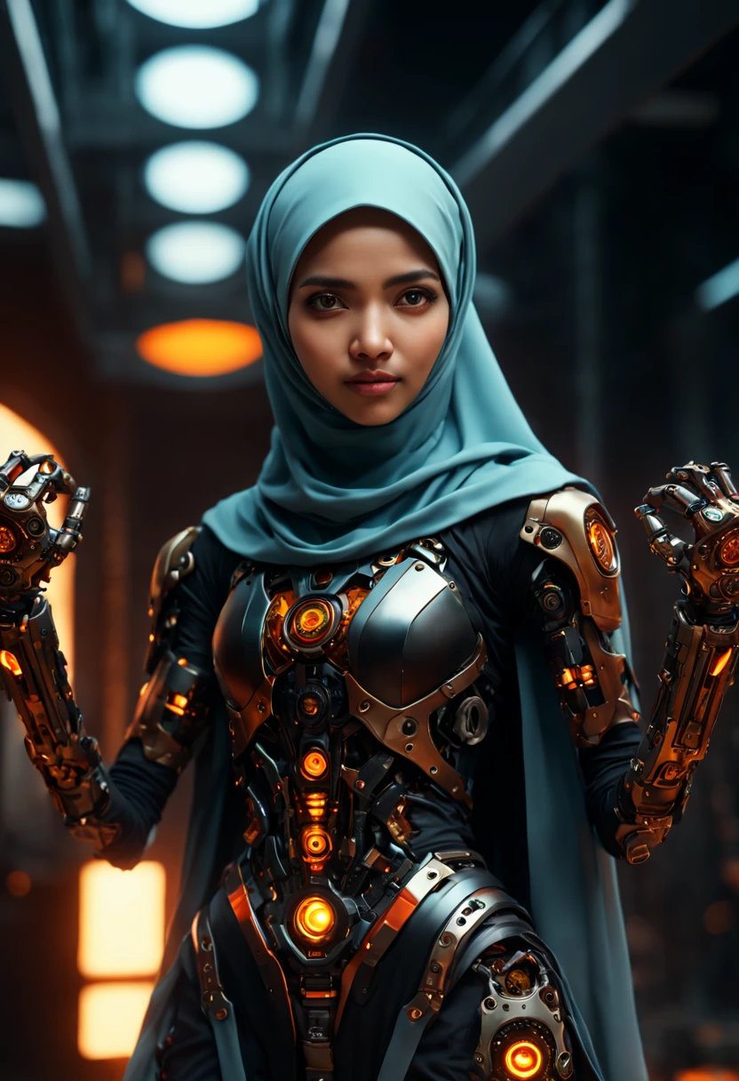 ((best quality)), ((masterpiece)), ((realistic, digital art)), Hyper HD, (hyper detailed), RAW Photography, (Perfect Body Shape), DonMCyb3rN3cr0XL Hijabi Malay female Techno-witch, octane rendering, raytracing, volumetric lighting, Backlit, Rim Lighting, 8K, HDR, Dynamic Poses, Mechanical Arm