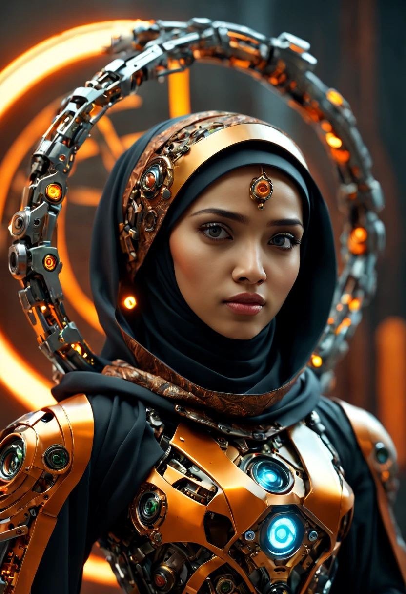 ((best quality)), ((masterpiece)), ((realistic, digital art)), Hyper HD, (hyper detailed), RAW Photography, (Perfect Body Shape), DonMCyb3rN3cr0XL Hijabi Malay female Techno-witch, octane rendering, raytracing, volumetric lighting, Backlit, Rim Lighting, 8K, HDR, Dynamic Poses, Mechanical Arm