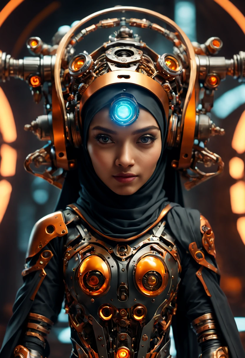 ((best quality)), ((masterpiece)), ((realistic, digital art)), Hyper HD, (hyper detailed), RAW Photography, (Perfect Body Shape), DonMCyb3rN3cr0XL Hijabi Malay female Techno-witch, octane rendering, raytracing, volumetric lighting, Backlit, Rim Lighting, 8K, HDR, Dynamic Poses, Mechanical Arm
