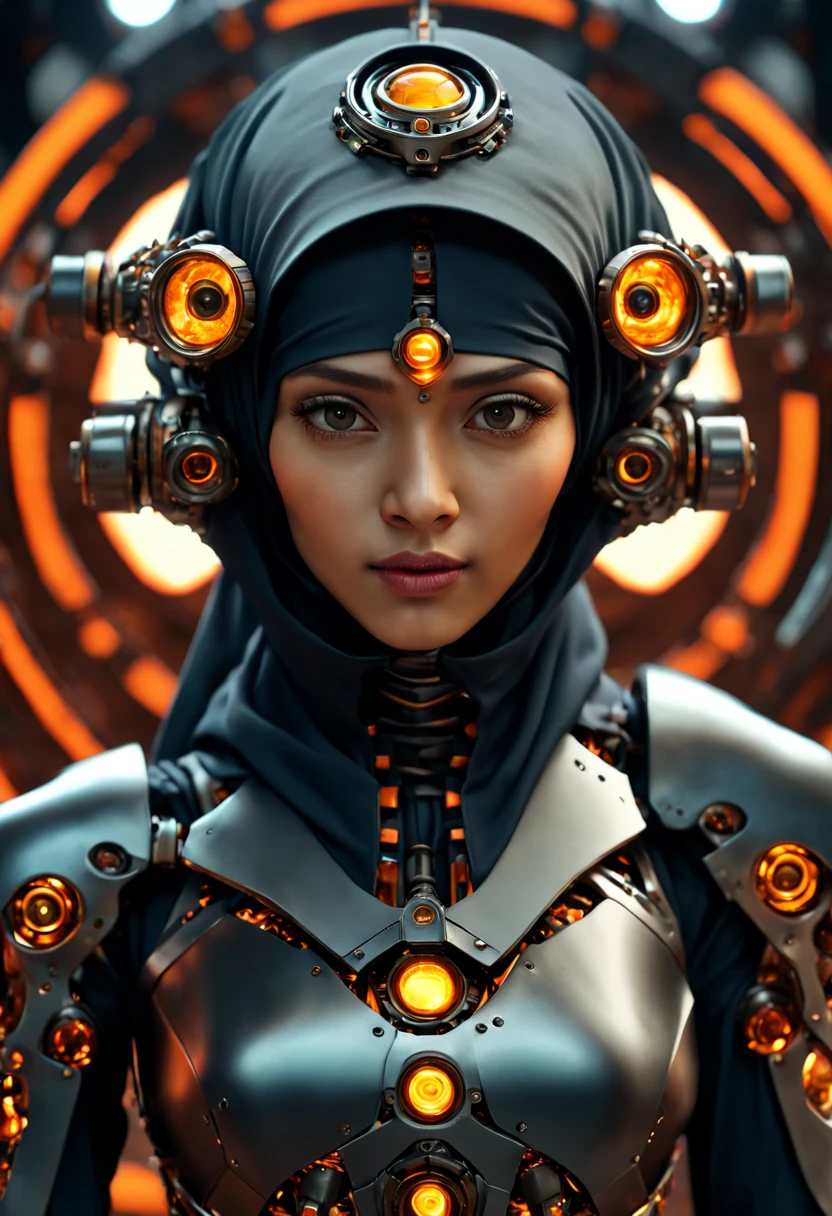 ((best quality)), ((masterpiece)), ((realistic, digital art)), Hyper HD, (hyper detailed), RAW Photography, (Perfect Body Shape), DonMCyb3rN3cr0XL Hijabi Malay female Techno-witch, octane rendering, raytracing, volumetric lighting, Backlit, Rim Lighting, 8K, HDR, Dynamic Poses, Mechanical Arm