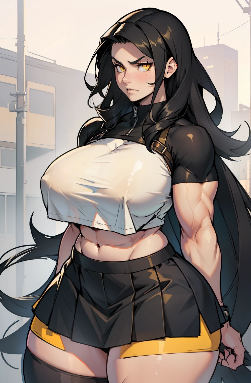 ((1 girl)) ((((muscular)))), ((huge )) ((thick thighs)) ((wide )) ((toned body)) ((curvy)) (thick thighs)) (pale skin) black hair very long hair yellow eyes angry (stocking skirt crop top)