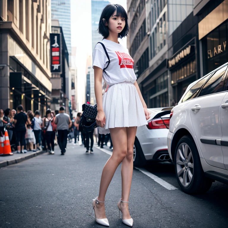 Hyperrealistic,Unreal Engine,girl,RAW photo, best quality,  best quality ,an extremely delicate and beautiful, extremely detailed, , finely detail, 8k wallpaper, , ultra-detailed, highres, extremely detailed,realistic, 8K, Ultra-High Definition, highest quality,, (realistic:1.8)、full body、whole body,shoes,black hair,short hair,Ｔshirt,crowd, crowded city,slender, thin legs,