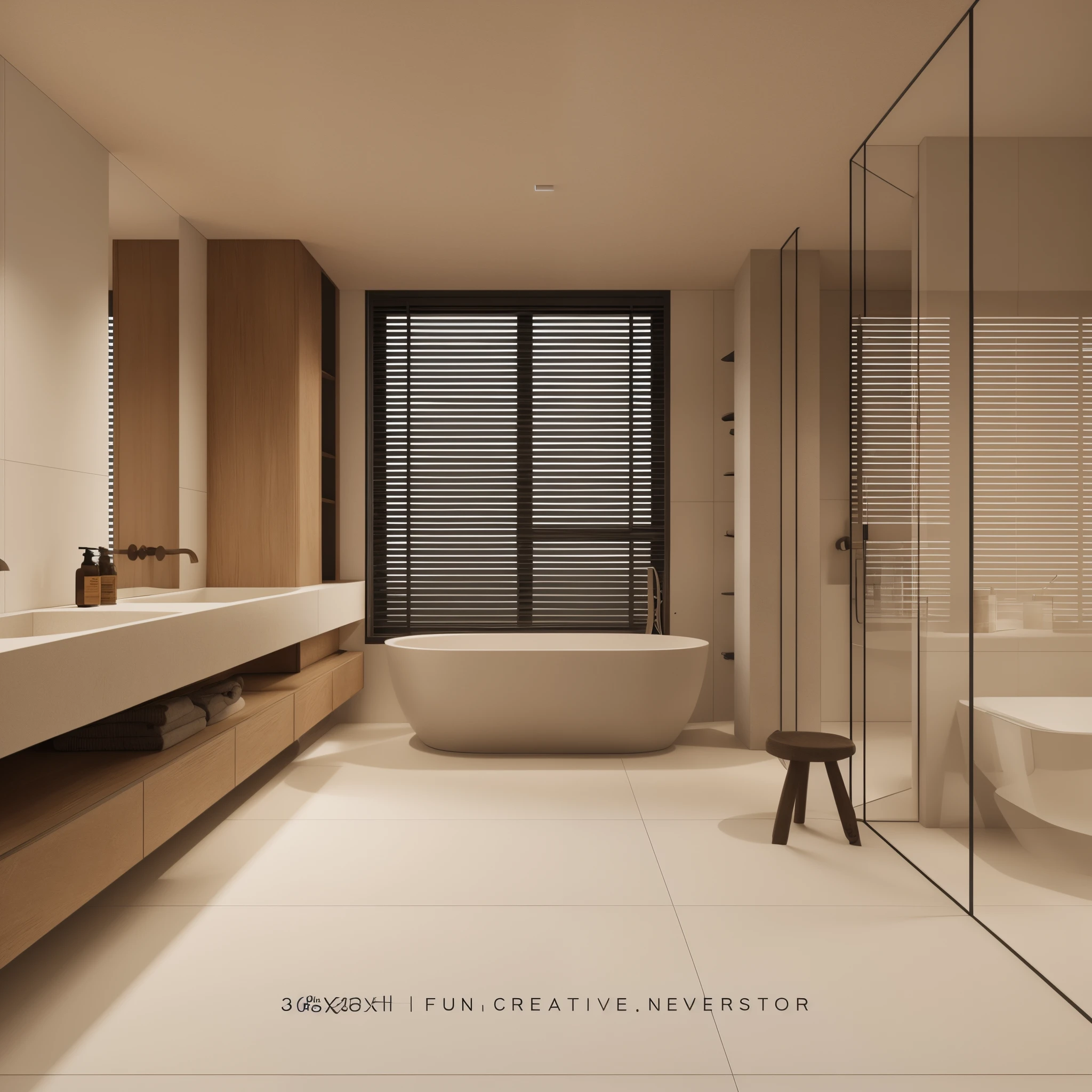 There was a big bathroom，There is a large bathtub and a large louvered window, modern bathroom, Clean 3D rendering, Realistic 3D style, modern minimalistic design, smooth 3d cg render, natural realistic render, Clean rendering, Smooth curvature design, Quality bathroom design, clean minimalist design, 浴室, beautiful vray, Minimalist design, tinas, Vray rendering