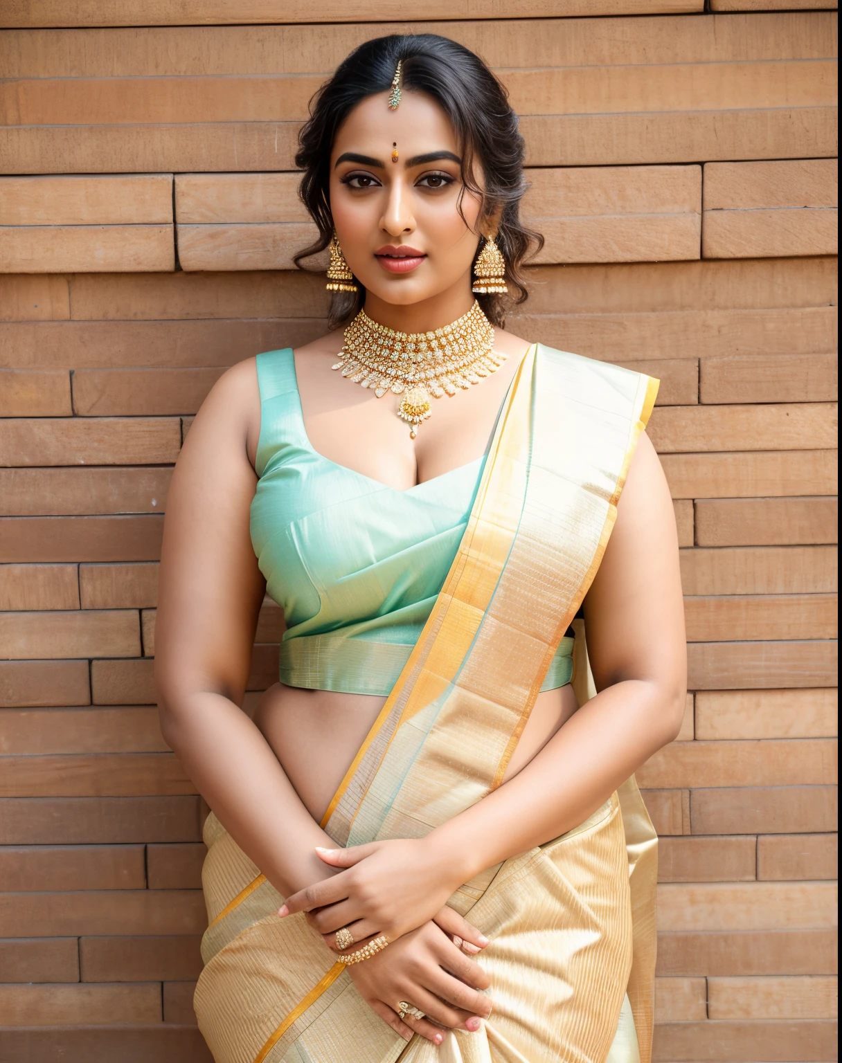 Foto RAW, photorealistic, photography, full body shot, master shot, goddess like beauty, perfect thick chubby mallu Desi aunty bhabhi, Wearing a Stanapatta, a chest-band.Saree model, model Photography, Indian saree shoot, Indian traditional wear advertising photography, traditional wear brand shoot, face of Indian actress Sonakshi Sinha, masterpiece, realistic, realism, incredible details, pleasure, photorealism, detailed skin, skin pores, high contrast, photorealistic Artstation 8k HD digital art trend of high definition and detailed realistic skin texture, ultra detail, realistic skin texture, armature, best quality, ultra high definition, (photorealistic:1.4),, high resolution, detail, raw photo, Re sharp, by Lee Jefferies Nikon D850 Film Stock Photo 4 Kodak Portra 400 Camera F1.6 Lens Rich Color Ultra Real Realistic Realistic Textures Dramatic Lighting Unreal Engine Trending at Art Station Cinestill 800,(pele altamente detalhada: 1.2), 8k UHD, DSLR, soft-lighting, alta qualidade, grain of film, Fujifilm XT3,she didn't like to wear blouse or bra, she happy to wear only saree, she hates blouse or bra, detailed hairy armpits,