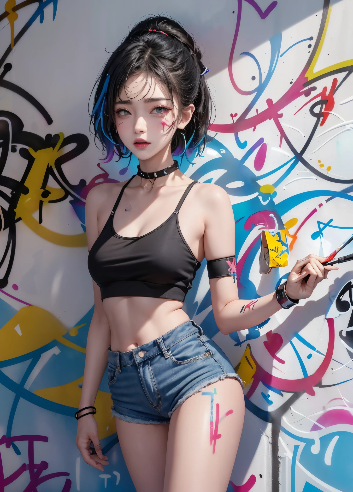 tmasterpiece, Best quality at best, solo, short crop top, denim short, choker necklace, (scribbles:1.5), paint splatter, place one's arms behind one's back, against a wall, looking at viewert,(Hand holding spray paint:1.5) armlets, thigh band, Paint on the body, tilt of the head, having fun, Hair color, Water-colored eyes, earphone,(graffiti wall:1.5)(Full body like;1.5)