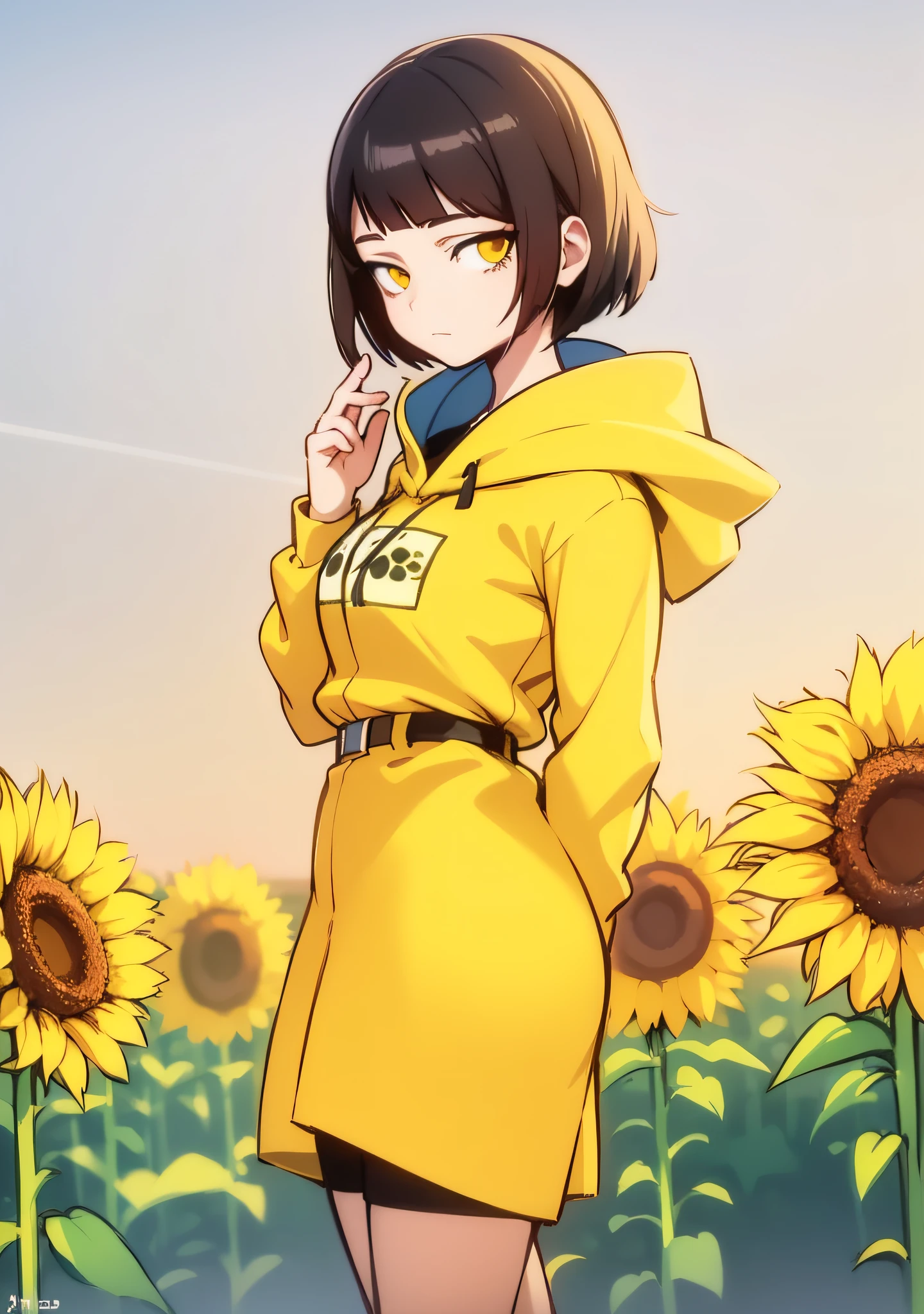 cyclopscpt, cowboy shot, solo, 1girl, looking back, smile, blush, medium breasts, dark blue hair, one side up, red eyes, light blue cropped jacket \(bolero\), god rays, Gerbera_Ruby_Red \(flower\), floral background <lora:cyclops_cpt_v01:1>