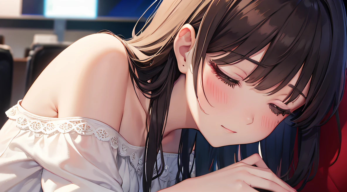 Leaning on people, (Looking away:1.2)、Diagonal angle, masterpiece、top-quality、 A 25-year-old woman with long wavy brown bangs and red eyes..、BREAK She is wearing a white off-shoulder blouse.、BREAK blush, Closed eyes, (Close-up of your face:1.1)、sitting on、background is Movie theater、Upper body is shown、