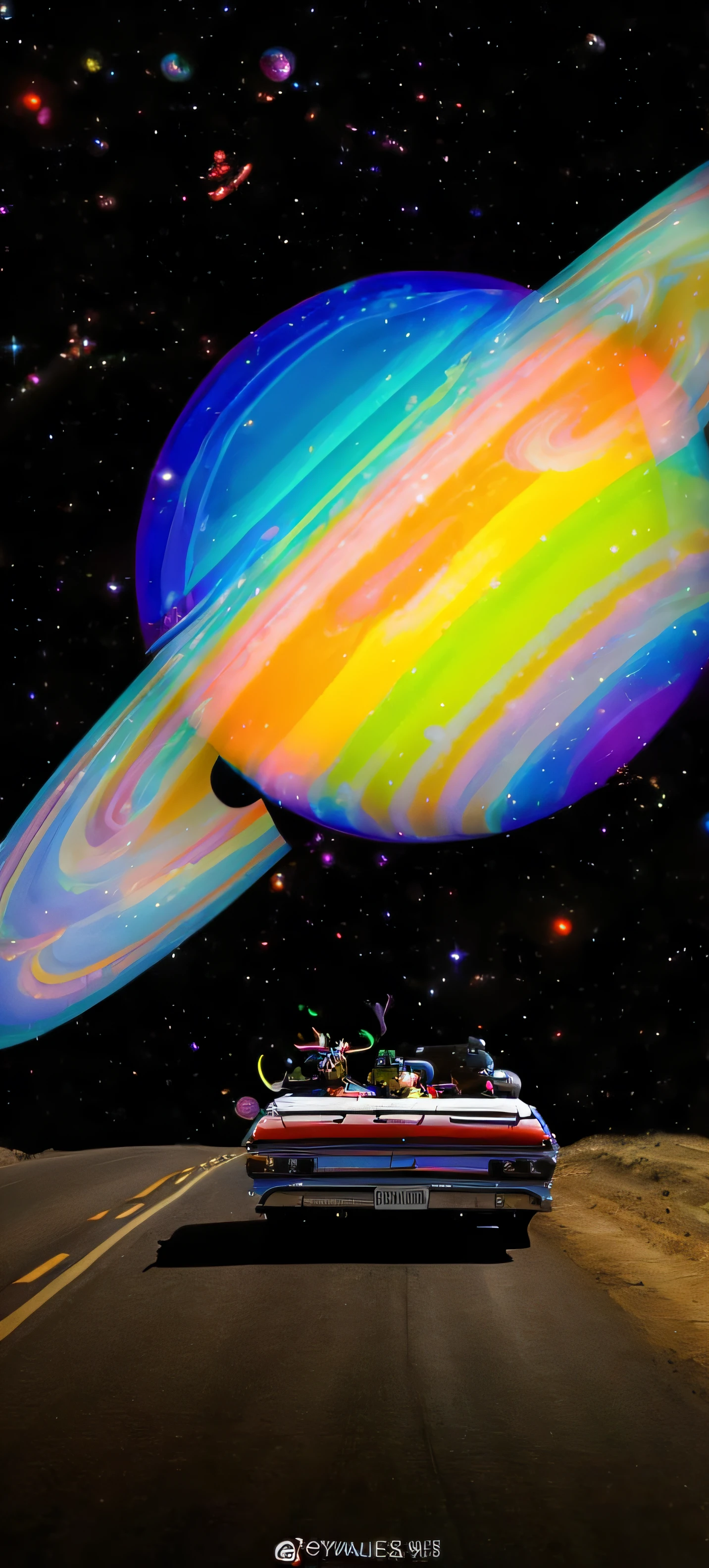 Arafad image of Christmas elk pulling empty sleigh on road,A path to Saturn painted with rainbows, An epic road trip into outer space, floating beside planets, 🚀🌈🤩, floating in the universe, floating in a cosmic nebula, Floating in outer space, Float in front of the nebula, floating in a cosmic nebula, floating planets, floats in space
