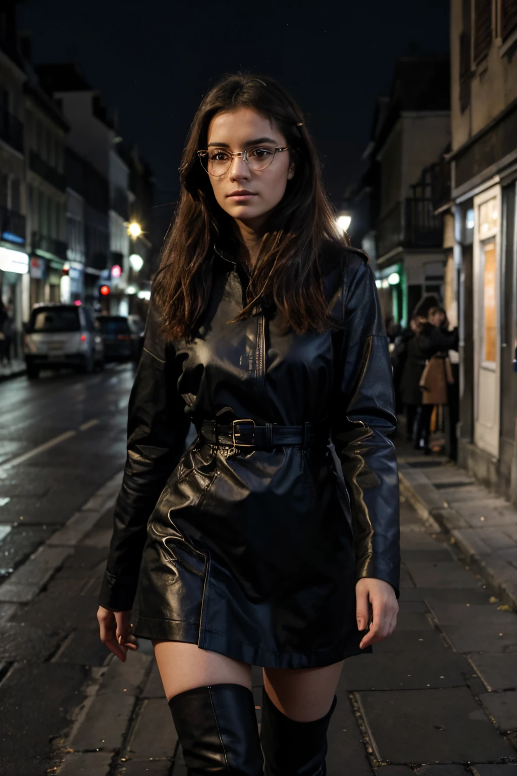 "Créez une illustration en qualité 4K UHD, haute qualité, et haute résolution mettant en scène une femme brune aux cheveux mi-longs portant des lunettes. Elle est vêtue d'un très long manteau en cuir noir et de bottes noires. La scène se déroule dans une rue sombre. Assurez-vous de capturer les détails de la tenue, des cheveux et de l'ambiance nocturne de la rue. Priorisez la réalisme et les nuances de lumière et d'ombre pour créer une atmosphère saisissante. Veillez à ce que l'image soit artistique et captivante."