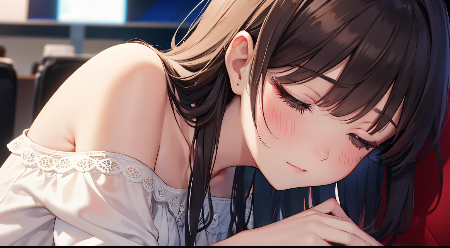 leaning on person, (looking away:1.2)、Diagonal angle, masterpiece、top-quality、 A 25-year-old woman with long wavy brown bangs and red eyes.、BREAK She is wearing a white off-shoulder blouse.、BREAK blush, closed eyes, (close up of your face:1.1)、sitting on、background is Movie theater、Upper body is shown、
