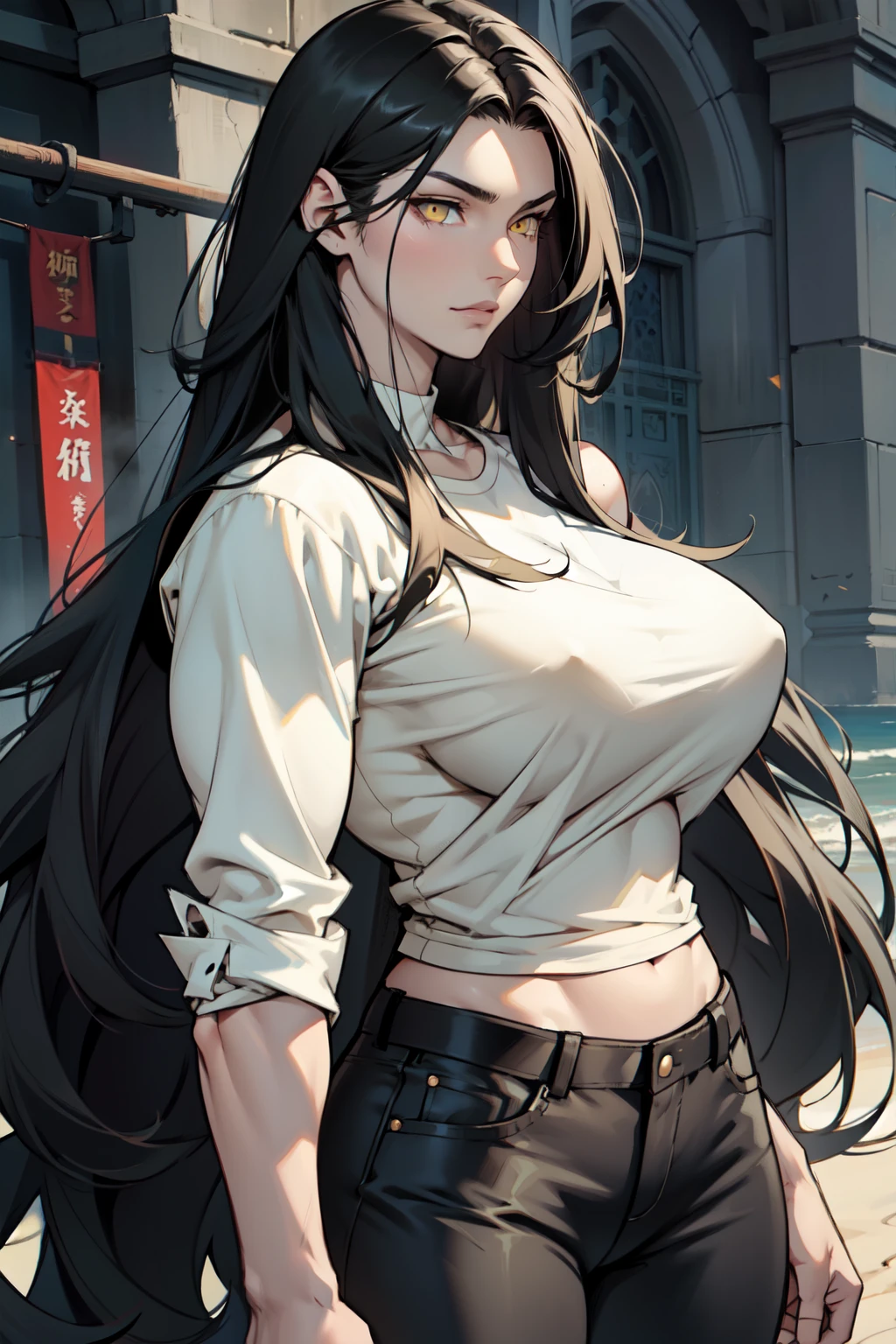 1 girl muscular pale skin muscular muscular muscular black hair yellow eyes huge muscular muscular long hair long hair long hair long hair long hair long hair long hair long hair huge breastsair long hair long hair long hair muscular muscular long long long long long long long long long tight shirt tight pants