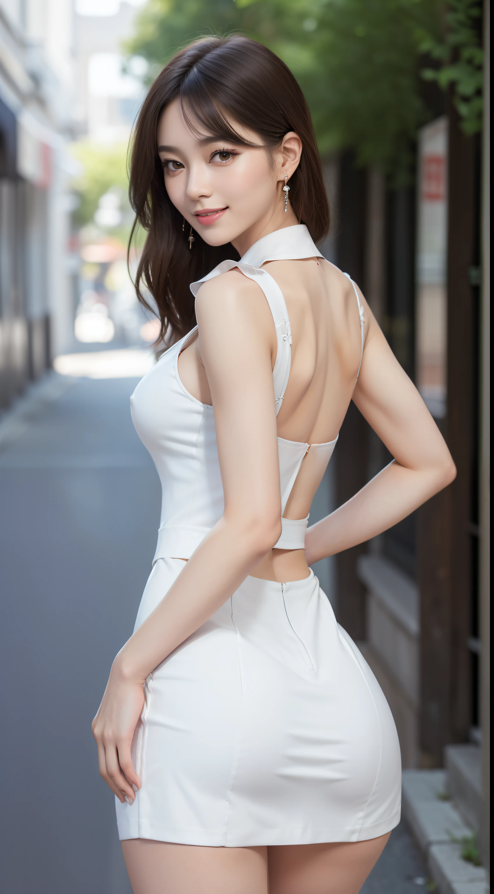 8K, masutepiece, Raw photo, Best Quality, Photorealistic, Highly detailed CG Unity 8k wallpaper, depth of fields, Cinematic Light, Lens Flare, Ray tracing, (Extremely beautiful face, Beautiful lips, Beautiful eyes), intricate detail face, ((Ultra detailed skin)) 1girl in, In the Dark, deepshadow, Pretty Korean girl, Kpop Idol, 1 girl, (Very slim and slender fit muscular body:1.3), ((Looking at Viewer)),(Big smile:1.3),, (Background Simple), (No people in the background:1.3), Beautiful earrings, Bracelets, Necklace, pantyhose, Clear eyes, Bending , Front shot, (pale skin), (big eye ace forward, (Full body shot), (brown colored long hair), open navel, (Looking at Viewer:1.3), Very slim, medium breasts, (Camel toe), thick thighs, turn back, (fluttering mini dress), ((White Collar Dresses)), (Tight skirt), ((backtrack, Back shot)), (Ultra mini skirt), exposed ass, (Upskirt Shot)