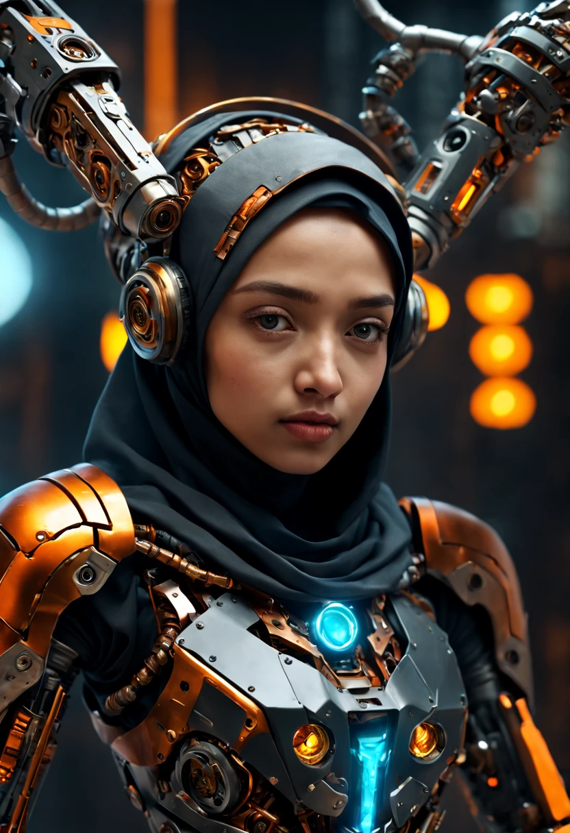 ((best quality)), ((masterpiece)), ((realistic, digital art)), Hyper HD, (hyper detailed), 1 Girl, Off Shoulder, Cinematic Lighting, RAW Photography, (Perfect Body Shape), DonMCyb3rN3cr0XL Hijabi Malay female Techno-witch, octane rendering, raytracing, volumetric lighting, Backlit, Rim Lighting, 8K, HDR, Dynamic Poses, Mechanical Face, Mechanical Arm, Sit on Ledge, Machinery Background