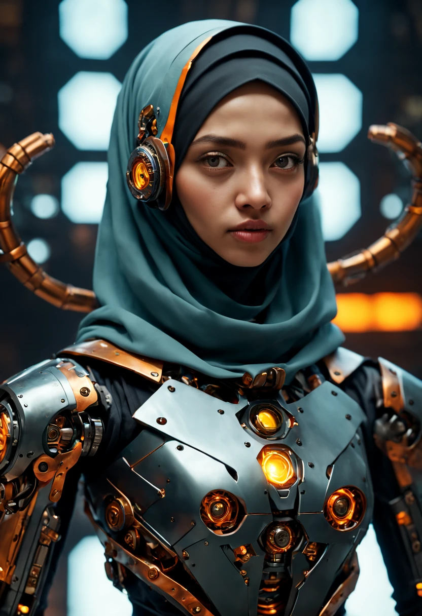 ((best quality)), ((masterpiece)), ((realistic, digital art)), Hyper HD, (hyper detailed), 1 Girl, Off Shoulder, Cinematic Lighting, RAW Photography, (Perfect Body Shape), DonMCyb3rN3cr0XL Hijabi Malay female Techno-witch, octane rendering, raytracing, volumetric lighting, Backlit, Rim Lighting, 8K, HDR, Dynamic Poses, Mechanical Face, Mechanical Arm, Sit on Ledge, Machinery Background