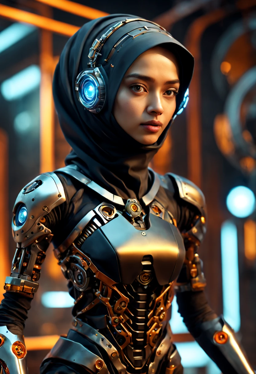 ((best quality)), ((masterpiece)), ((realistic, digital art)), Hyper HD, (hyper detailed), 1 Girl, Off Shoulder, Cinematic Lighting, RAW Photography, (Perfect Body Shape), DonMCyb3rN3cr0XL Hijabi Malay female Techno-witch, octane rendering, raytracing, volumetric lighting, Backlit, Rim Lighting, 8K, HDR, Dynamic Poses, Mechanical Face, Mechanical Arm, Sit on Ledge, Machinery Background
