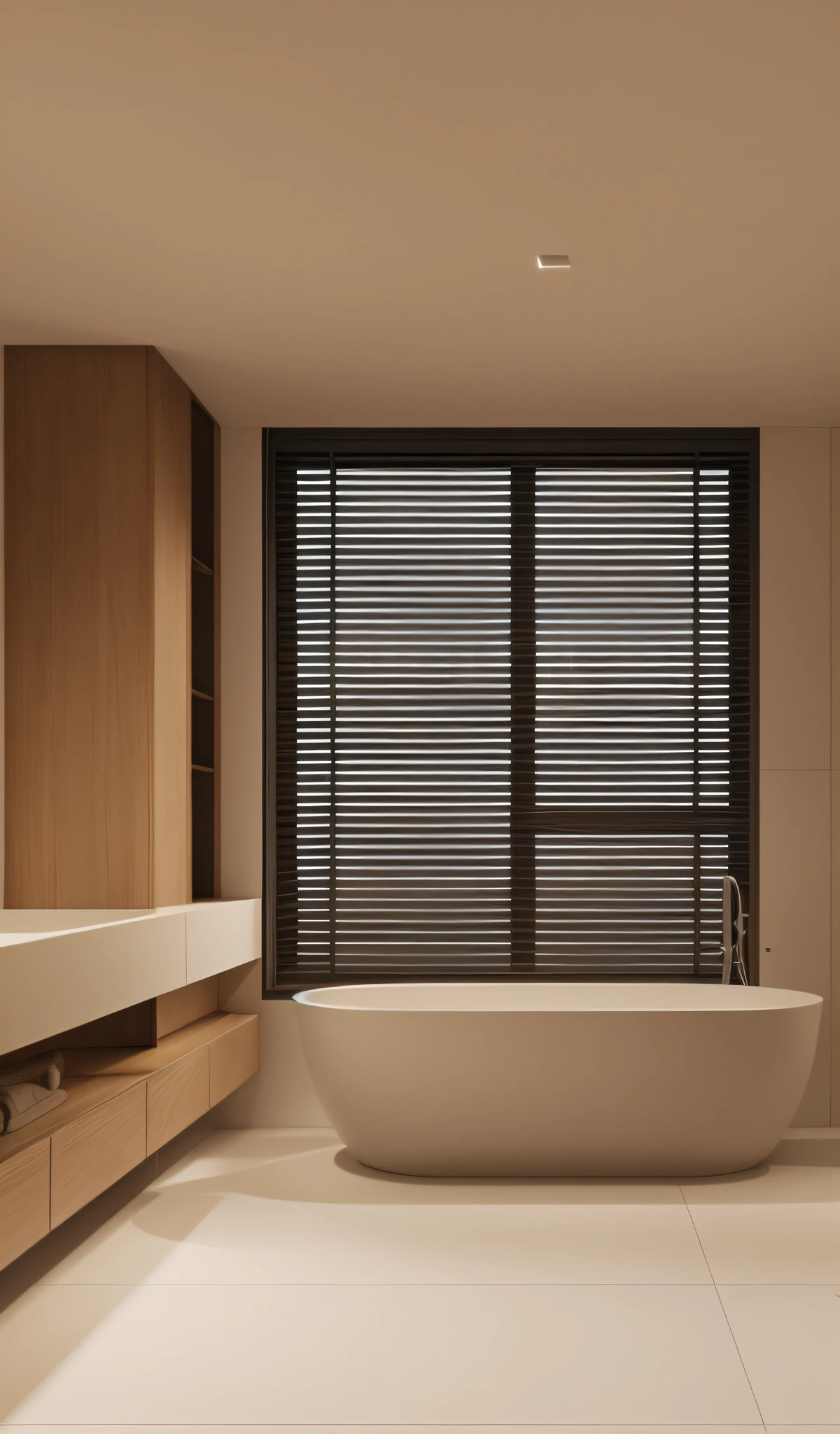 The bathroom has a large bathtub,There are windows, window shutters, Black vertical slatted wood, detailed archviz render, archviz, oak, ochre, Soft light shines through the blinds, elegant minimalism, room single window, natural window lighting, The lines are clear and smooth, uv, vanara, janand modern, High quality bathroom design, Rendering in Lumion Pro, modern bathroom