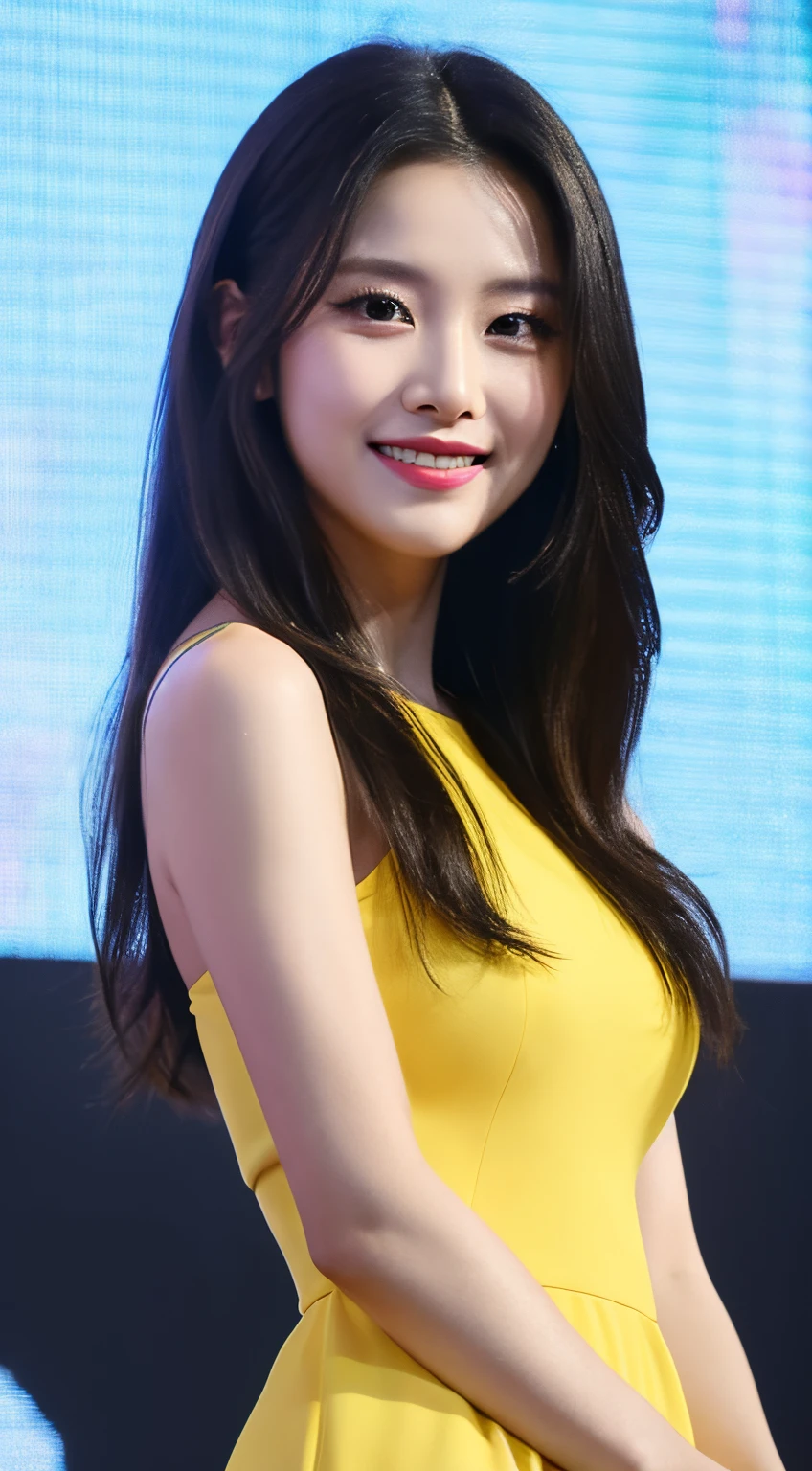 High Resolution, Super detail, Ray tracing, FPV, Accurate, 30 years old Korean Woman, Very long black hair, With makeup, Blush, Light smile, White skin, Supermodel body shape, Yellow color dress, At the show.