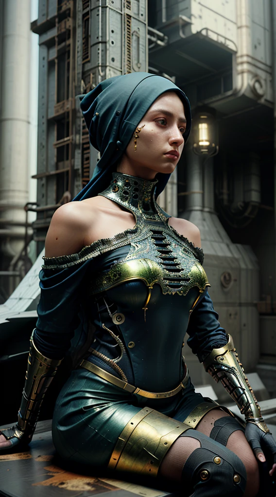 ((best quality)), ((masterpiece)), ((realistic, digital art)), Hyper HD, (hyper detailed), 1 Girl, Off Shoulder, Cinematic Lighting, RAW Photography, (Perfect Body Shape), DonMCyb3rN3cr0XL Hijabi Malay female Techno-witch, octane rendering, raytracing, volumetric lighting, Backlit, Rim Lighting, 8K, HDR, Dynamic Poses, Mechanical Face, Mechanical Arm, Sit on Ledge, Machinery Background