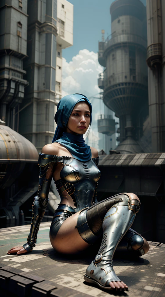 ((best quality)), ((masterpiece)), ((realistic, digital art)), Hyper HD, (hyper detailed), 1 Girl, Off Shoulder, Cinematic Lighting, RAW Photography, (Perfect Body Shape), DonMCyb3rN3cr0XL Hijabi Malay female Techno-witch, octane rendering, raytracing, volumetric lighting, Backlit, Rim Lighting, 8K, HDR, Dynamic Poses, Mechanical Face, Mechanical Arm, Sit on Ledge, Machinery Background