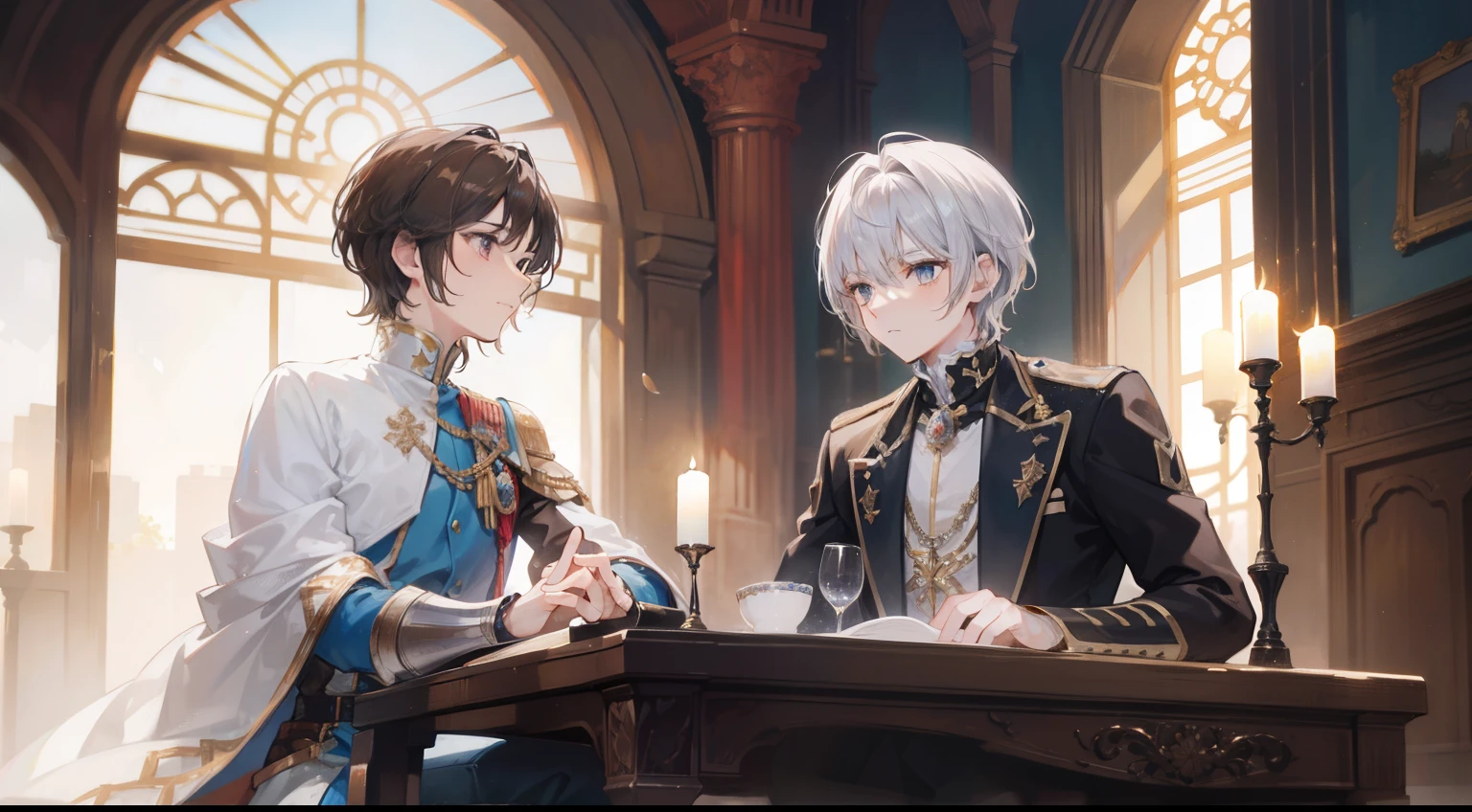 A prince with short brown hair and a male knight with short silver hair. The scene is in high resolution.
