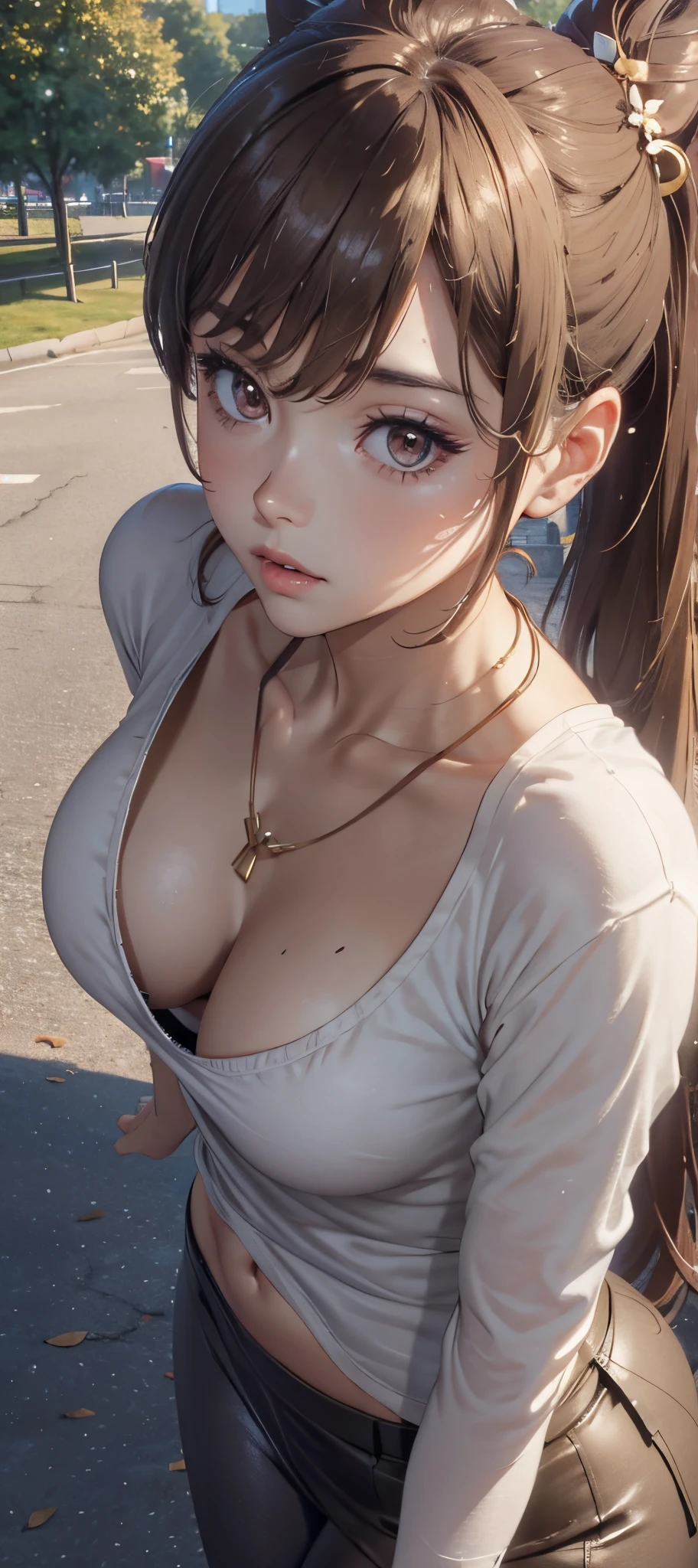 light-brown hair, small breasts, slim waist, thick thighs, shapely butt, slim body, ponytail, tight blouse, micro skirt, cleavage, necklace, seductive posture, breast squeeze, downblouse, leaning forward, park, path, trees, flowers, distant city in the background, looking at viewer