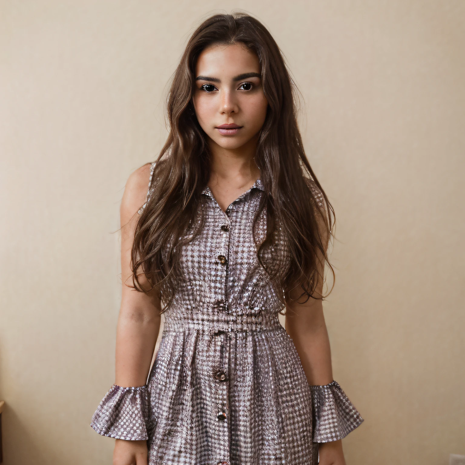 close up shot of a brunette mexican woman with long hair, in a colorful checkerboard dress with vivid colors, in the style of photo taken with nikon d750, stylish, elegant look, vivid colors, 24 year old female model, pretty face,standing in front of bedroom wall, with the cream wall behind her