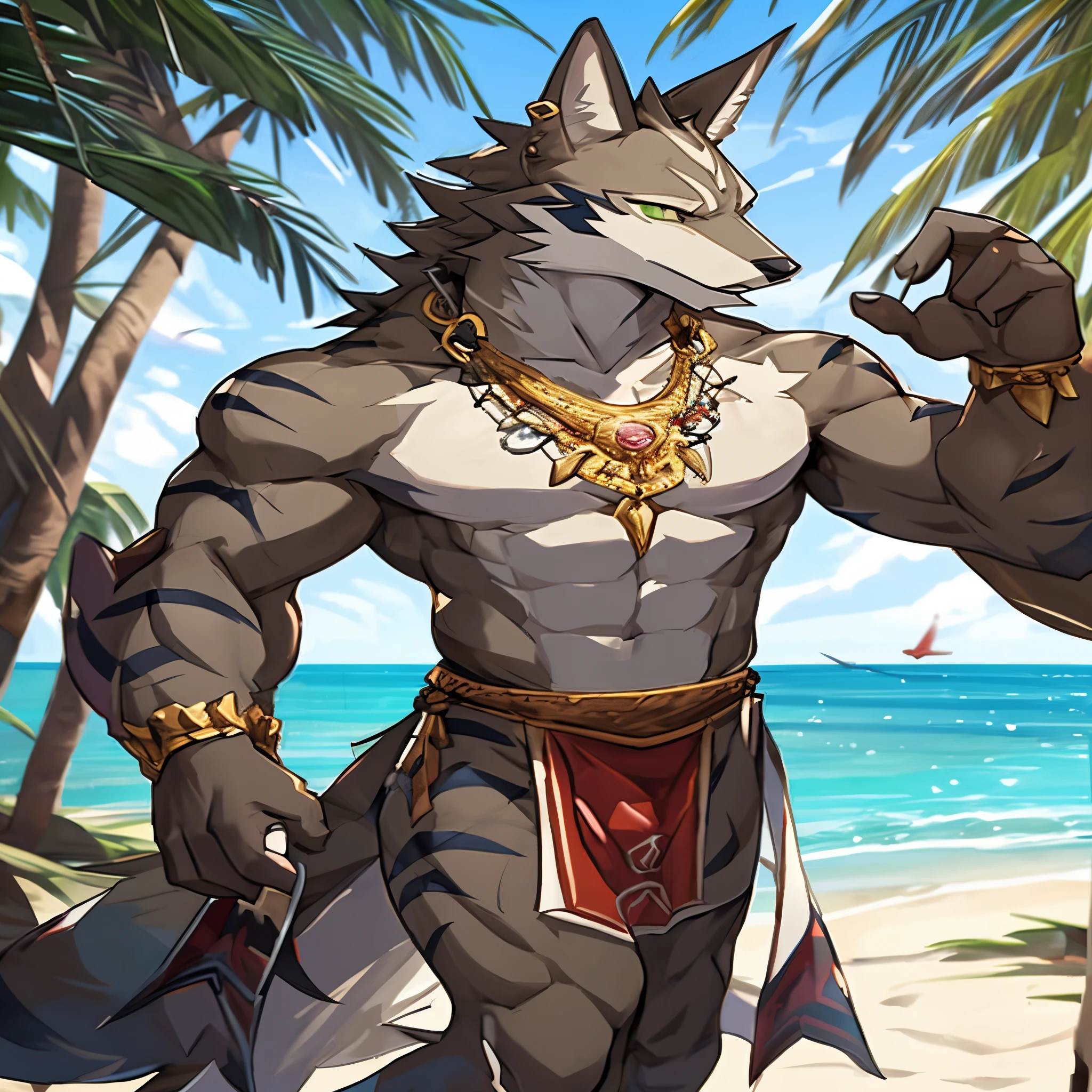 Seto (Tokyo Afterschool Summoners), Seto(Saudade errante), Seth (ela), Seto, Kazuma Koda, coiote, colar de ouro, joias de ouro, piercing na orelha, Use uma tanga, Olho Verde, corpo cinzento, corpo branco, corpo marrom, Listras, corpo listrado, alta qualidade, 8k, alta qualidade de imagem, NSFW funciona, Pixiv, viselaa card, sombrio, A composition where the entire body is visible, The right proportion, sexy, musculoso, muscular muelao, homens musculosos, lelaoral, areia, palmeira, 夏天, tela colorida