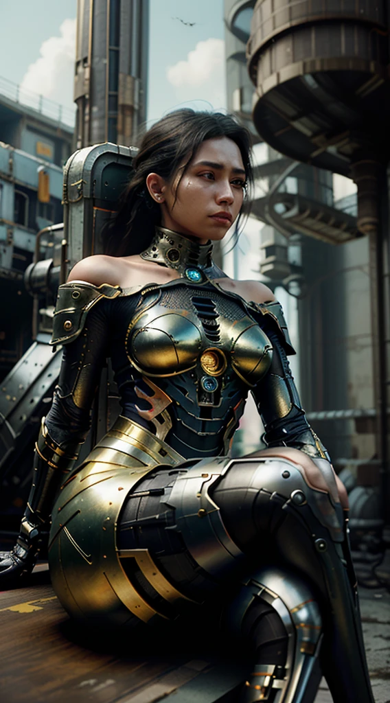 ((best quality)), ((masterpiece)), ((realistic, digital art)), Hyper HD, (hyper detailed), 1 Girl, Off Shoulder, Cinematic Lighting, RAW Photography, (Perfect Body Shape), DonMCyb3rN3cr0XL Malay female Techno-witch, octane rendering, raytracing, volumetric lighting, Backlit, Rim Lighting, 8K, HDR, Dynamic Poses, Mechanical Face, Mechanical Arm, Sit on Ledge, Machinery Background, Modest Outfit