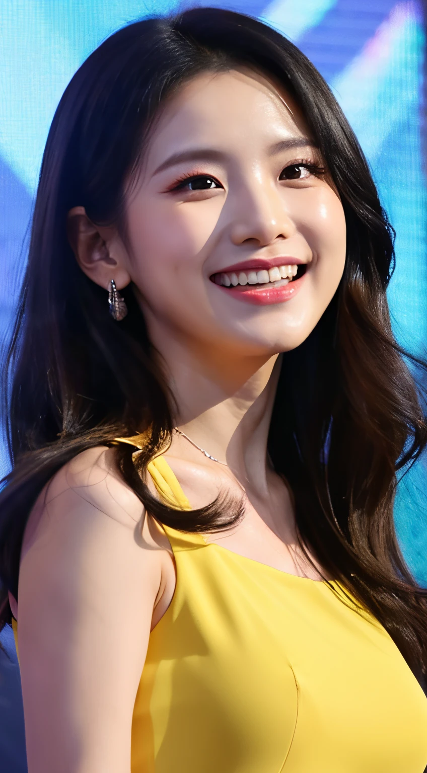 High Resolution, Super detail, Ray tracing, FPV, Accurate, 30 years old Korean Woman, Very long black hair, With makeup, Blush, Laughing, White skin, Supermodel body shape, Yellow color dress, At the show.