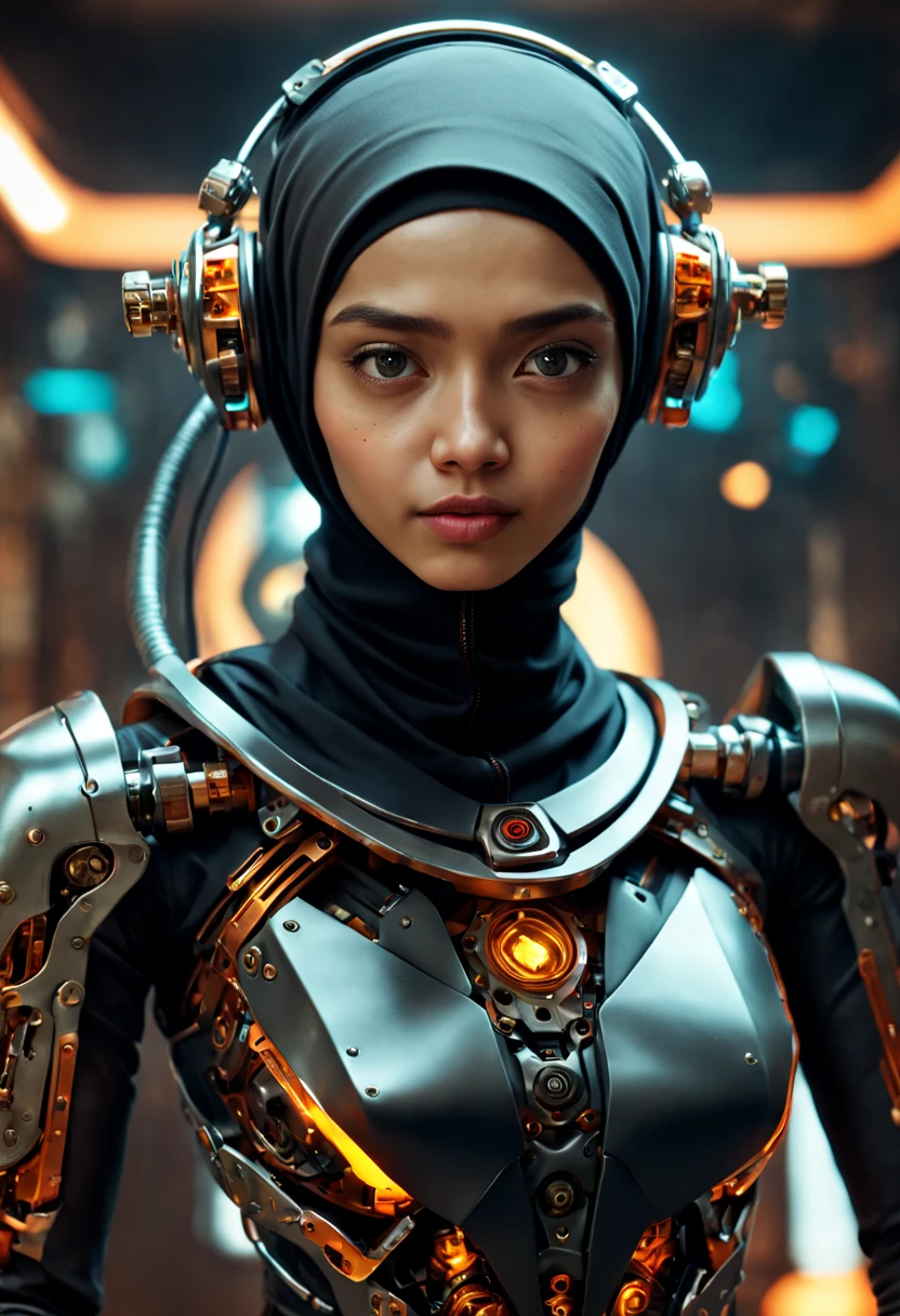 ((best quality)), ((masterpiece)), ((realistic, digital art)), Hyper HD, (hyper detailed), 1 Girl, Off Shoulder, Cinematic Lighting, RAW Photography, (Perfect Body Shape), DonMCyb3rN3cr0XL Hijabi Malay female Techno-witch, octane rendering, raytracing, volumetric lighting, Backlit, Rim Lighting, 8K, HDR, Dynamic Poses, Mechanical Face, Mechanical Arm, Sit on Ledge, Machinery Background