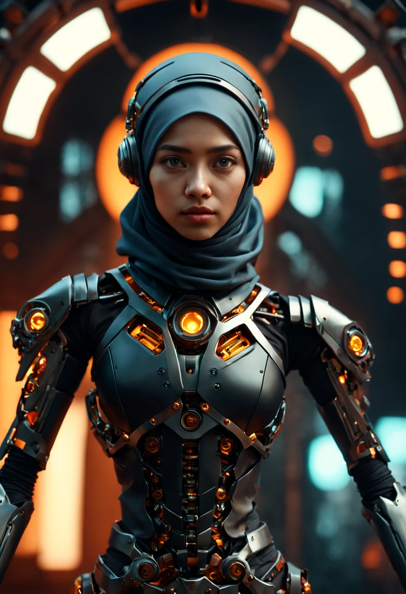 ((best quality)), ((masterpiece)), ((realistic, digital art)), Hyper HD, (hyper detailed), 1 Girl, Off Shoulder, Cinematic Lighting, RAW Photography, (Perfect Body Shape), DonMCyb3rN3cr0XL Hijabi Malay female Techno-witch, octane rendering, raytracing, volumetric lighting, Backlit, Rim Lighting, 8K, HDR, Dynamic Poses, Mechanical Face, Mechanical Arm, Sit on Ledge, Machinery Background