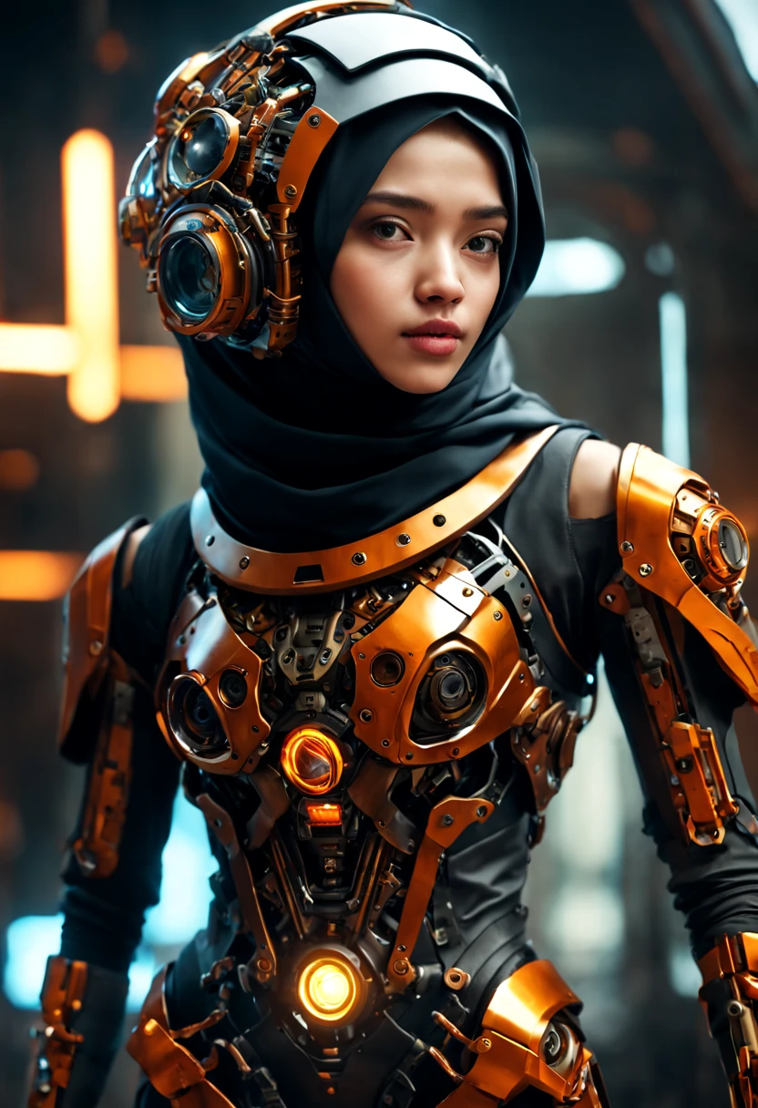 ((best quality)), ((masterpiece)), ((realistic, digital art)), Hyper HD, (hyper detailed), 1 Girl, Off Shoulder, Cinematic Lighting, RAW Photography, (Perfect Body Shape), DonMCyb3rN3cr0XL Hijabi Malay female Techno-witch, octane rendering, raytracing, volumetric lighting, Backlit, Rim Lighting, 8K, HDR, Dynamic Poses, Mechanical Face, Mechanical Arm, Sit on Ledge, Machinery Background