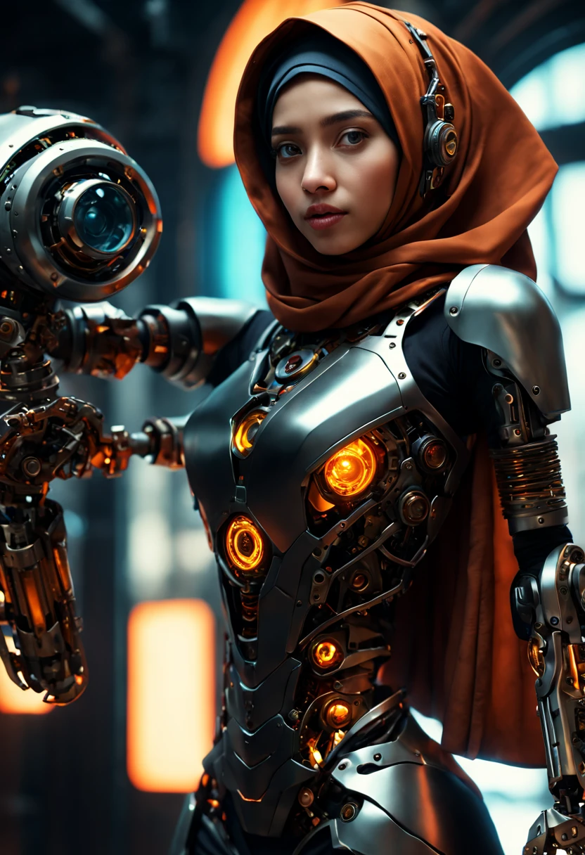 ((best quality)), ((masterpiece)), ((realistic, digital art)), Hyper HD, (hyper detailed), 1 Girl, Off Shoulder, Cinematic Lighting, RAW Photography, (Perfect Body Shape), DonMCyb3rN3cr0XL Hijabi Malay female Techno-witch, octane rendering, raytracing, volumetric lighting, Backlit, Rim Lighting, 8K, HDR, Dynamic Poses, Mechanical Face, Mechanical Arm, Sit on Ledge, Machinery Background