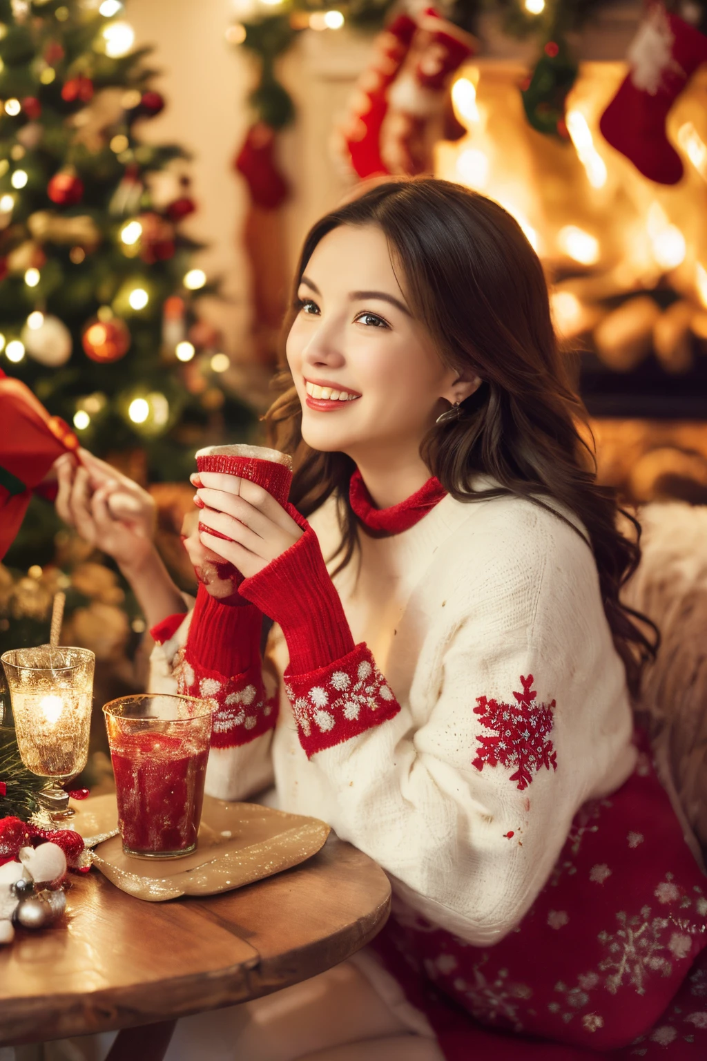 (a girl) in a snowy Christmas dining room, (best quality,4k,8k,highres,masterpiece:1.2), ultra-detailed, (realistic,photorealistic,photo-realistic:1.37), cozy atmosphere, warm lighting, joyful decorations, festive table setting, sparkling snowflakes, (delicious, appetizing) holiday feast, elegant (festive,decorative) dinnerware, (beautifully decorated, adorned) Christmas tree, (festive, holiday-themed) artwork on the walls, comfortable chaircited, happy) facial expressions, (colorful, vibrant) Christmas stockings hanging by the fireplace, (romantic, joyful) ambiance, cheerful conversations, (warm, inviting) fireplace, (lively, festive) music playing in the background, (gleaming, shiny) ornaments.